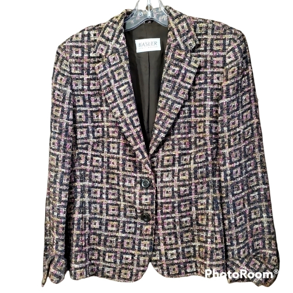 Basler brown and pink geometric tweed knit blazer size 38